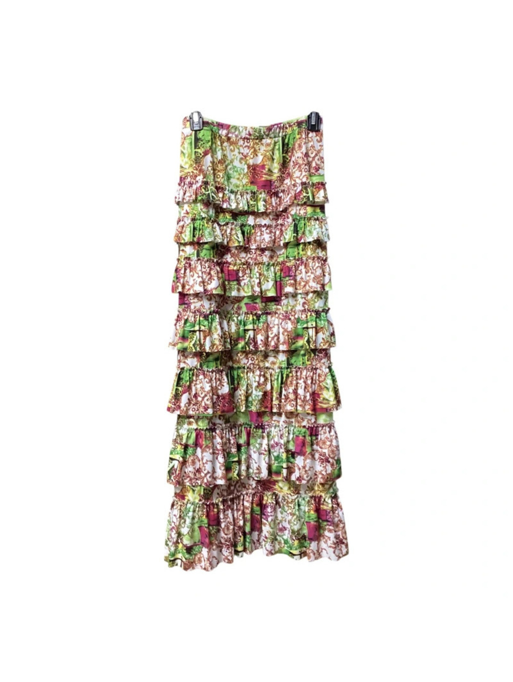 Shanna's Threads Women's Long Ruffled Tier Skirt Sz 1X Geometric Multi-Color EUC